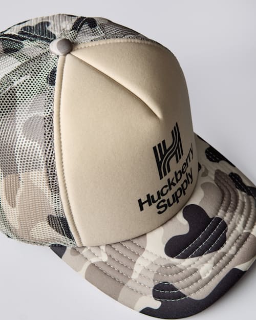 laydown detail image of Animated Camo Huckberry Supply Trucker