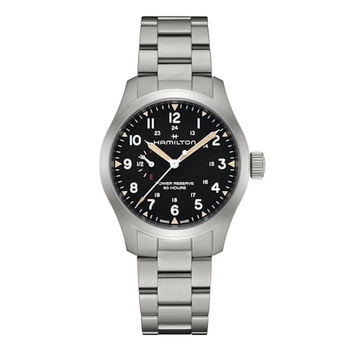 laydown image of Khaki Field Mechanical Power Reserve 40mm Watch