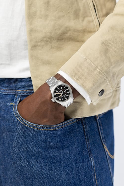 on model image of Khaki Field Mechanical Power Reserve 40mm Watch