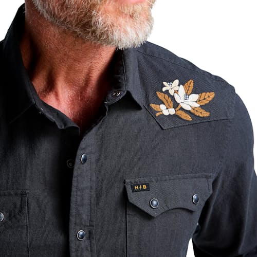 on model image of Crosscut Deluxe Long Sleeve Snapshirt