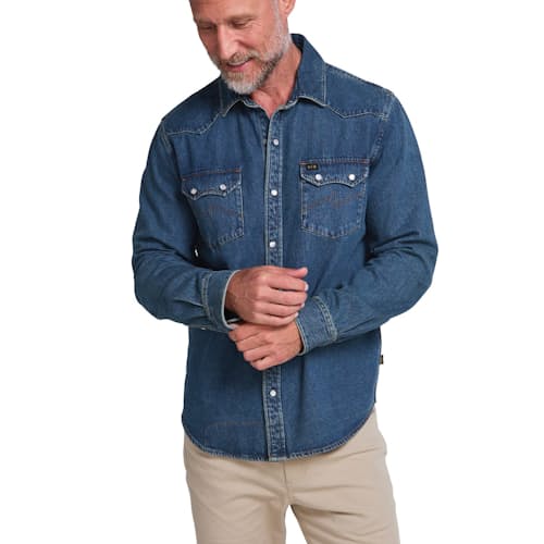 on model image of Dust Up Denim Snapshirt