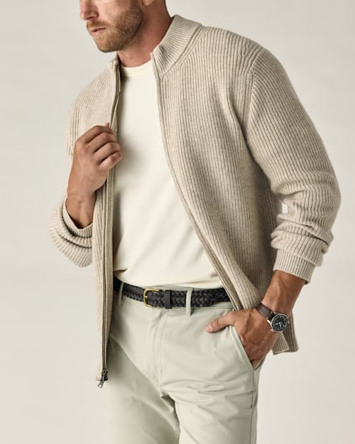 on model image of Cotton/Cashmere Zip-Up Cardigan