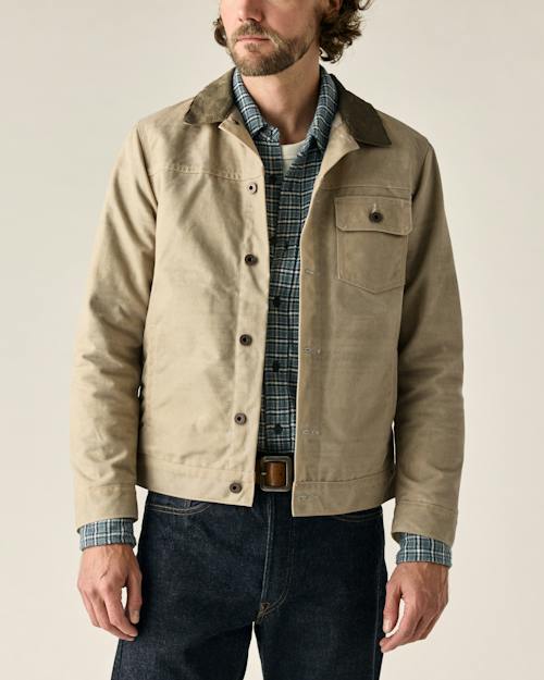 on model image of Flannel-Lined Waxed Trucker Jacket