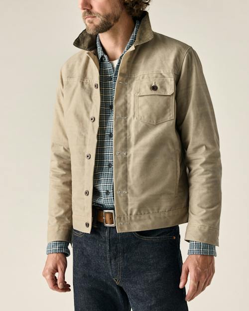 on model image of Flannel-Lined Waxed Trucker Jacket