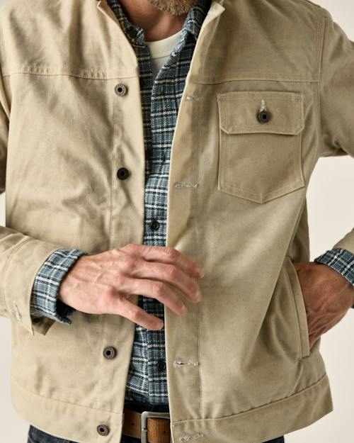 on model image of Flannel-Lined Waxed Trucker Jacket