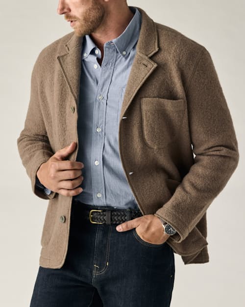 on model image of Boiled Wool Chore Blazer