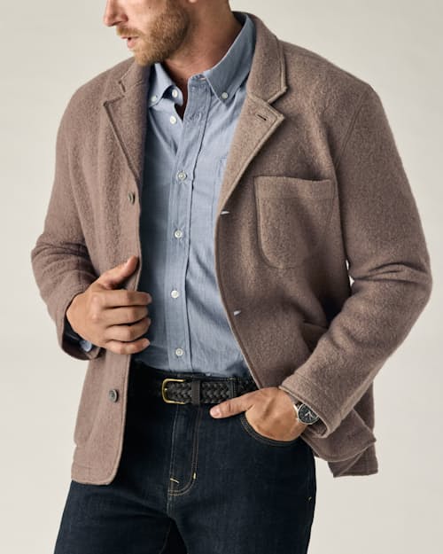 on model image of Boiled Wool Chore Blazer