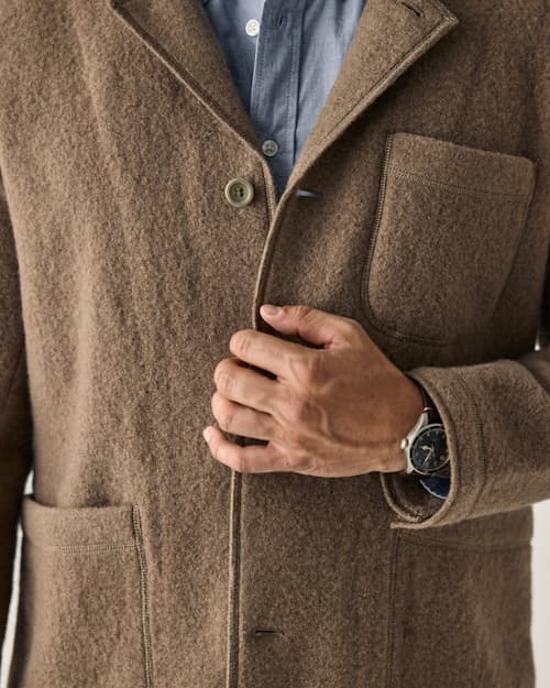 on model image of Boiled Wool Chore Blazer