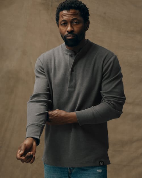 on model image of Waffle Knit Thermal Henley