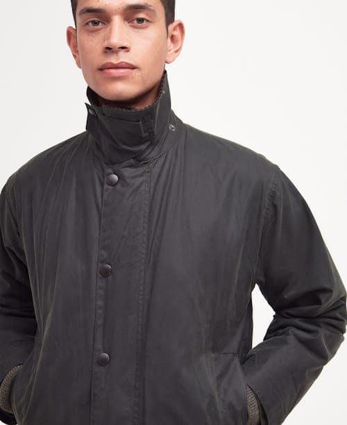on model image of Border Wax Jacket