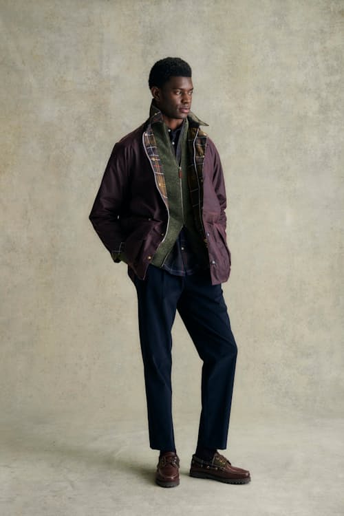 on model image of Beaufort Wax Jacket