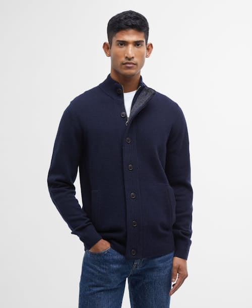 on model image of Essential Patch Zip Through Knitted Jumper