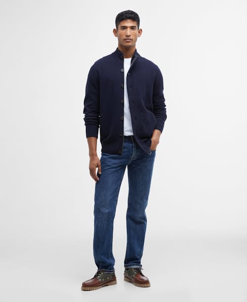 on model image of Essential Patch Zip Through Knitted Jumper