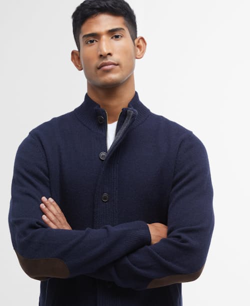 on model image of Essential Patch Zip Through Knitted Jumper