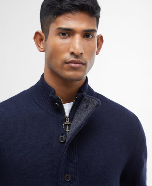 on model image of Essential Patch Zip Through Knitted Jumper