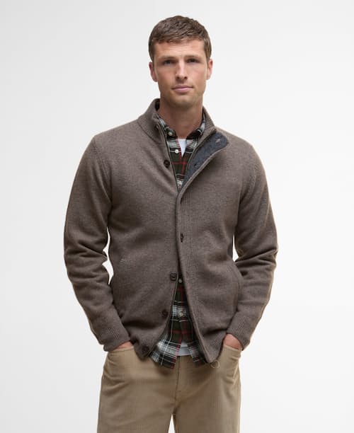 on model image of Essential Patch Zip Through Knitted Jumper