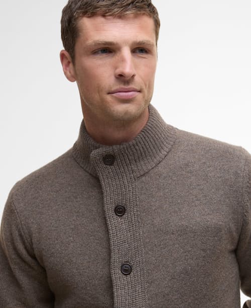 on model image of Essential Patch Zip Through Knitted Jumper
