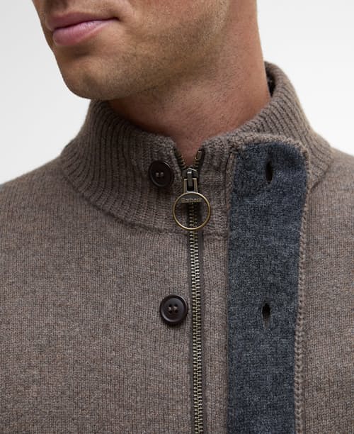 on model image of Essential Patch Zip Through Knitted Jumper