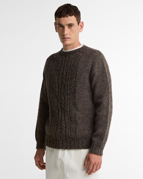 on model image of Scottish Made Natural Yarn Cable Crew