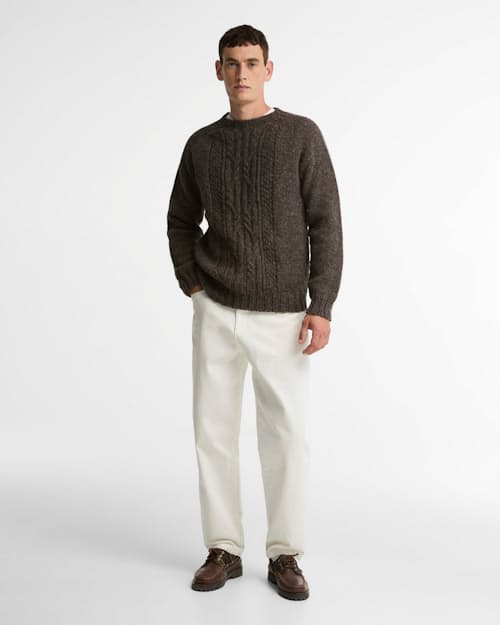 on model image of Scottish Made Natural Yarn Cable Crew