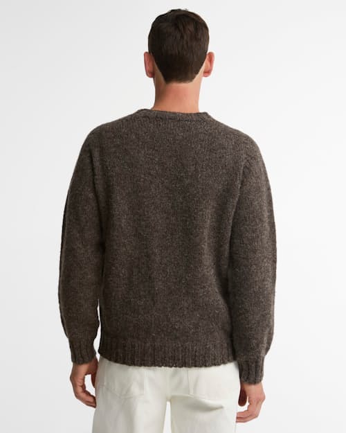 on model image of Scottish Made Natural Yarn Cable Crew