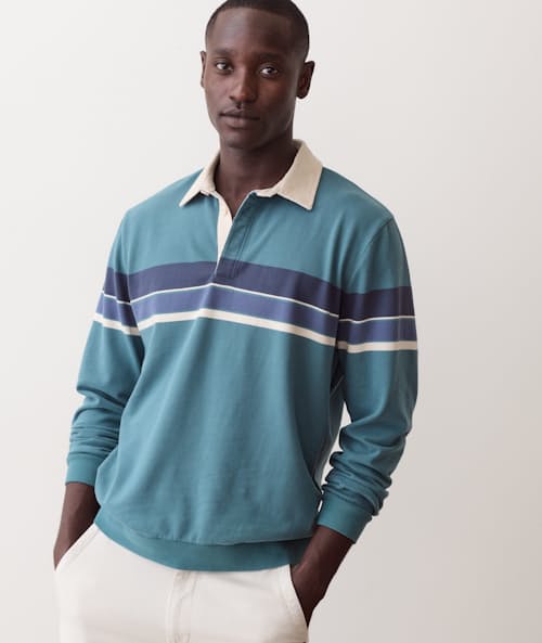 on model image of Sueded Rugby Polo