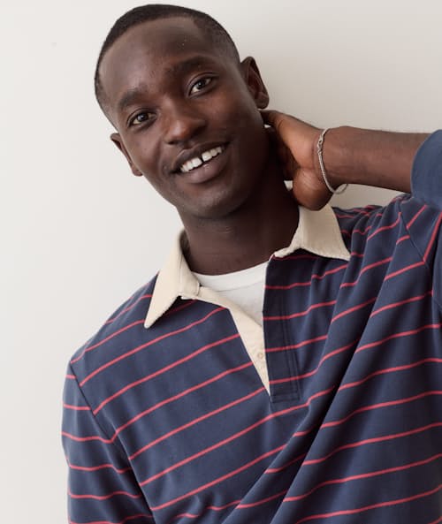 on model image of Sueded Rugby Polo