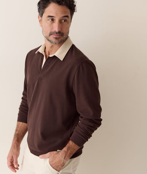 on model image of Sueded Rugby Polo