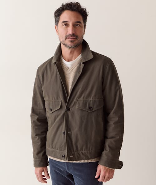 on model image of Waxed Trucker Jacket