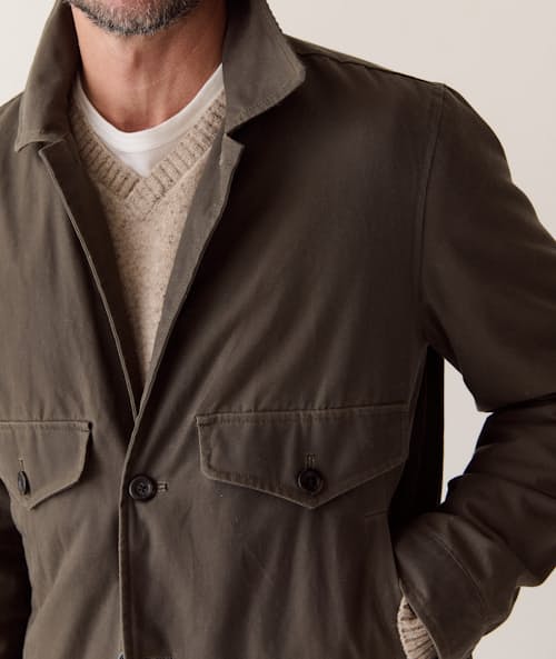 on model image of Waxed Trucker Jacket