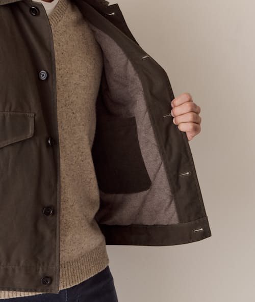 on model image of Waxed Trucker Jacket