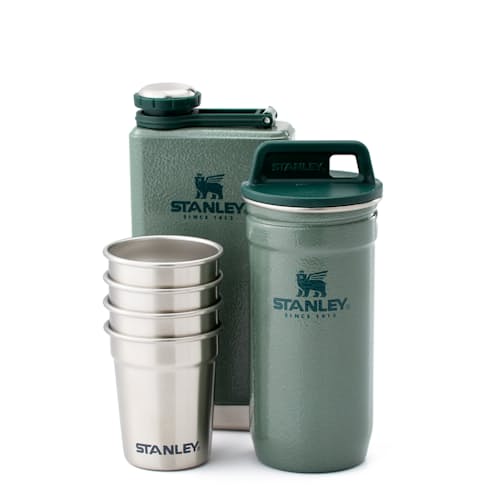 laydown image of Adventure Pre-Party Shot Glass + Flask Set