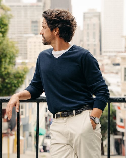 lifestyle image of Cotton Merino V-Neck Sweater
