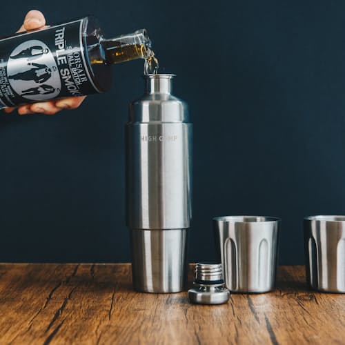 laydown image of Firelight 750ml Flask + Leather Holster