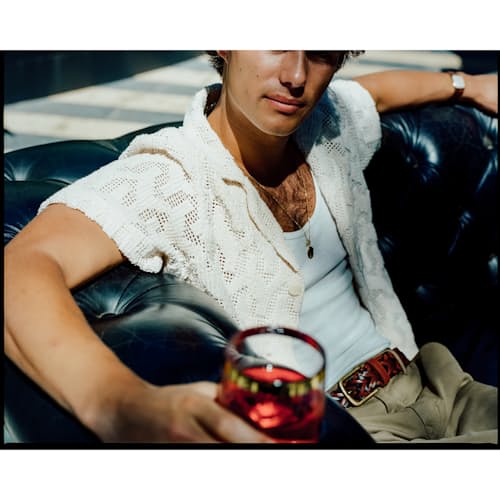lifestyle image of Camp Collar Crochet Shirt
