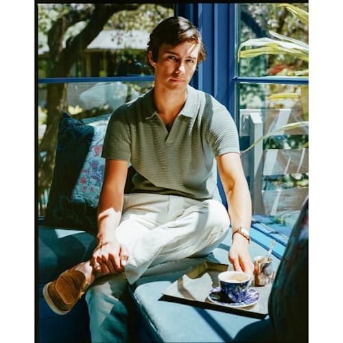 lifestyle image of Crochet Knit Polo Shirt