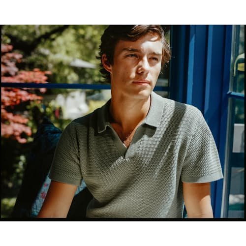 lifestyle image of Crochet Knit Polo Shirt
