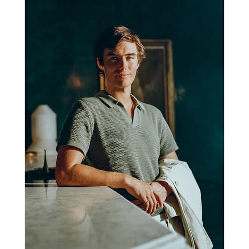 lifestyle image of Crochet Knit Polo Shirt