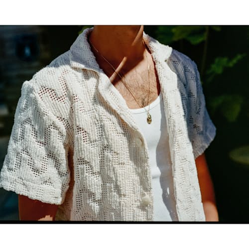 lifestyle image of Camp Collar Crochet Shirt