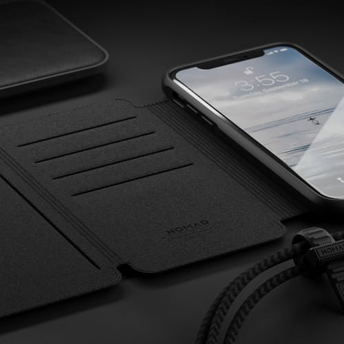 laydown image of Tri-Folio - Black Leather iPhone XS