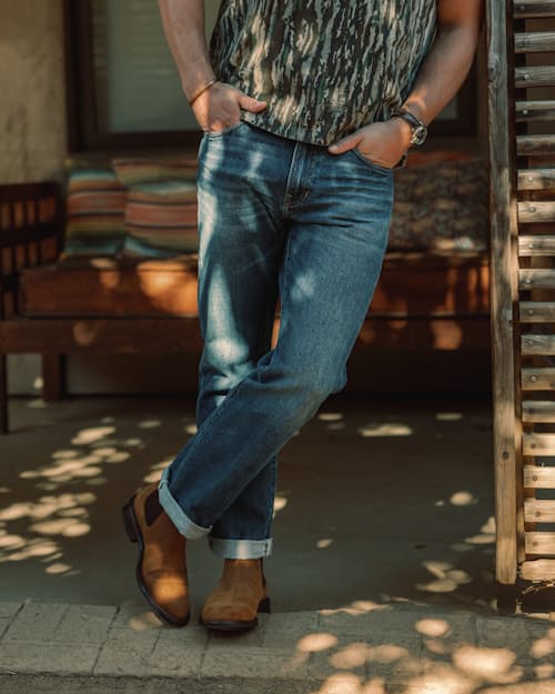 lifestyle image of Rigid Selvedge Denim - HB Athletic Straight