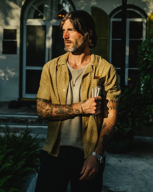 lifestyle image of Novelty Hemp Camp Collar Shirt