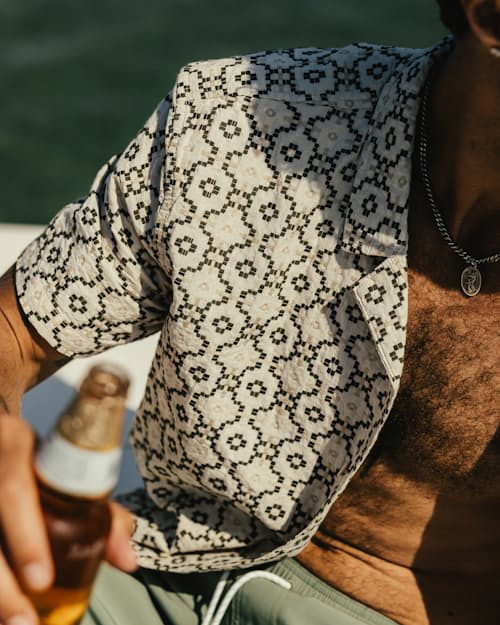 lifestyle image of Embroidered Dobby Camp Collar Shirt