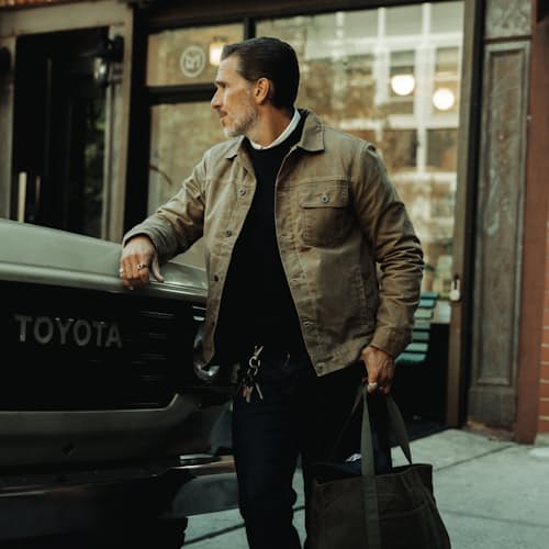lifestyle image of Flannel-Lined Waxed Trucker Jacket
