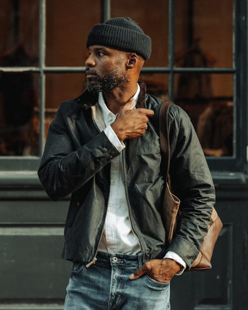 lifestyle image of Waxed Harrington Jacket