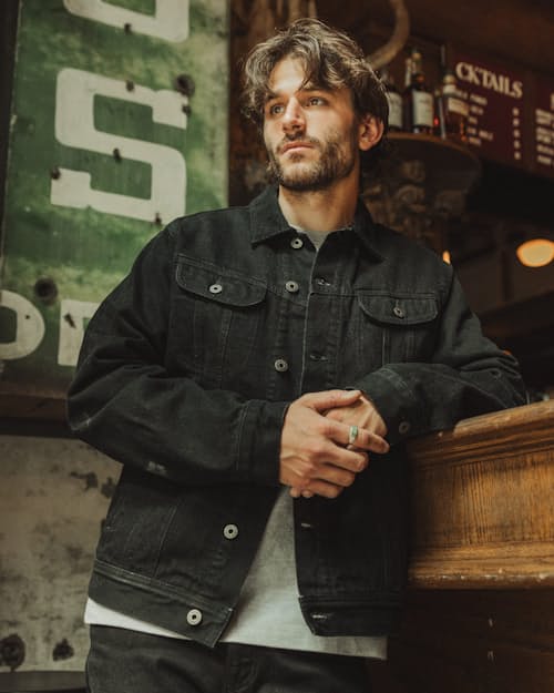 lifestyle image of Flannel-Lined Denim Trucker Jacket