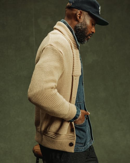 on model image of Eiger Shawl Collar Cardigan