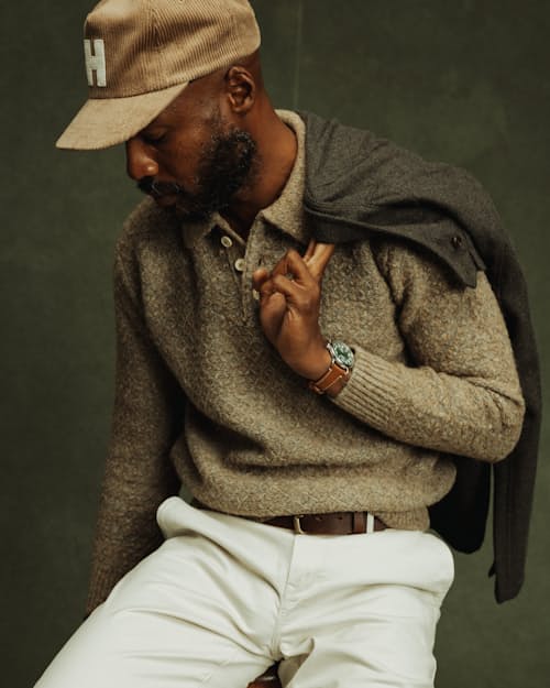 on model image of Kier Diamond Cable Longsleeve Sweater Polo