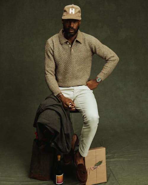 on model image of Kier Diamond Cable Longsleeve Sweater Polo