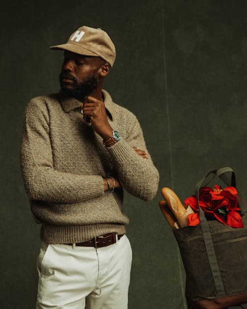 on model image of Kier Diamond Cable Longsleeve Sweater Polo